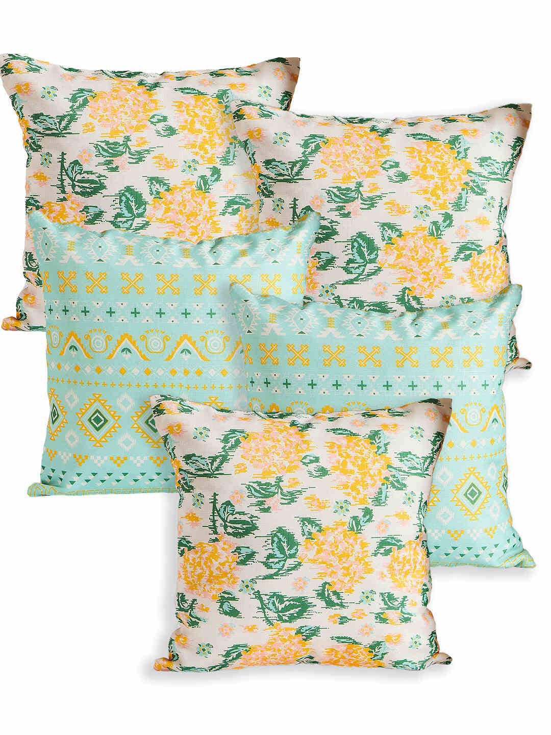 

Chumbak Teal & White 5 Pieces Floral Square Cushion Covers