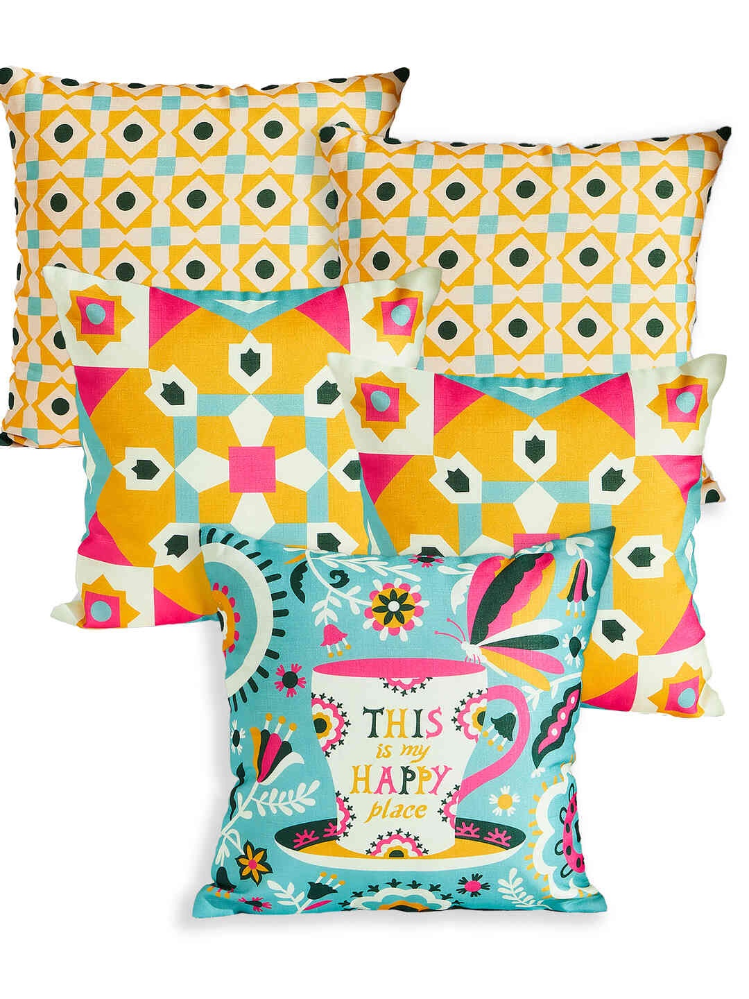 

Chumbak Peach-Coloured & Blue 5 Pieces Geometric Square Cushion Covers