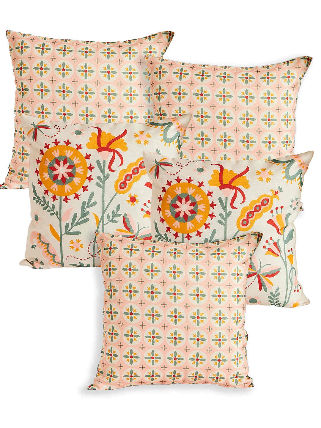 

Chumbak Peach-Coloured & Cream-Coloured 5 Pieces Printed Square Cushion Covers