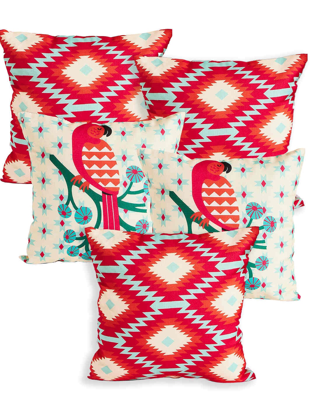 

Chumbak Red & Cream-Coloured 5 Pieces Ethnic Motifs Square Cushion Covers