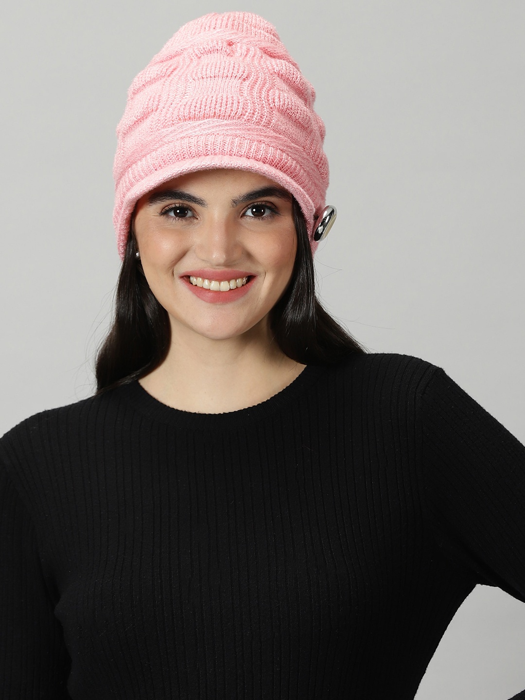 

Rodzen Self Design Woollen Beanie Caps, Pink