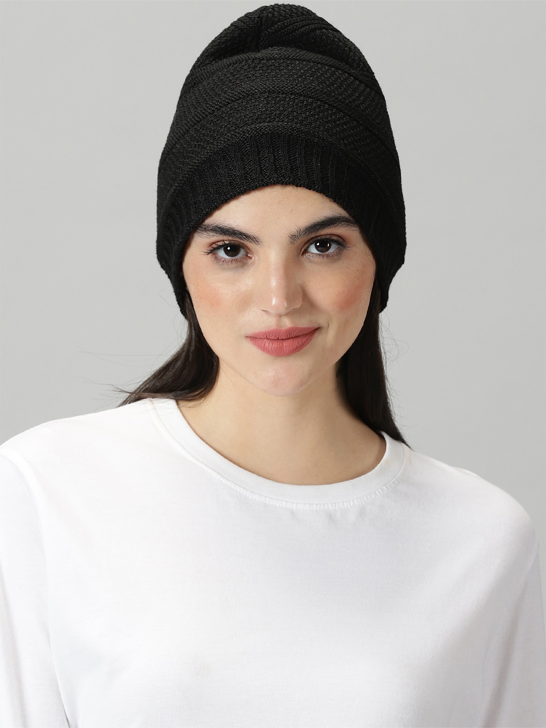 

Rodzen Self Design Woollen Beanie Caps, Black