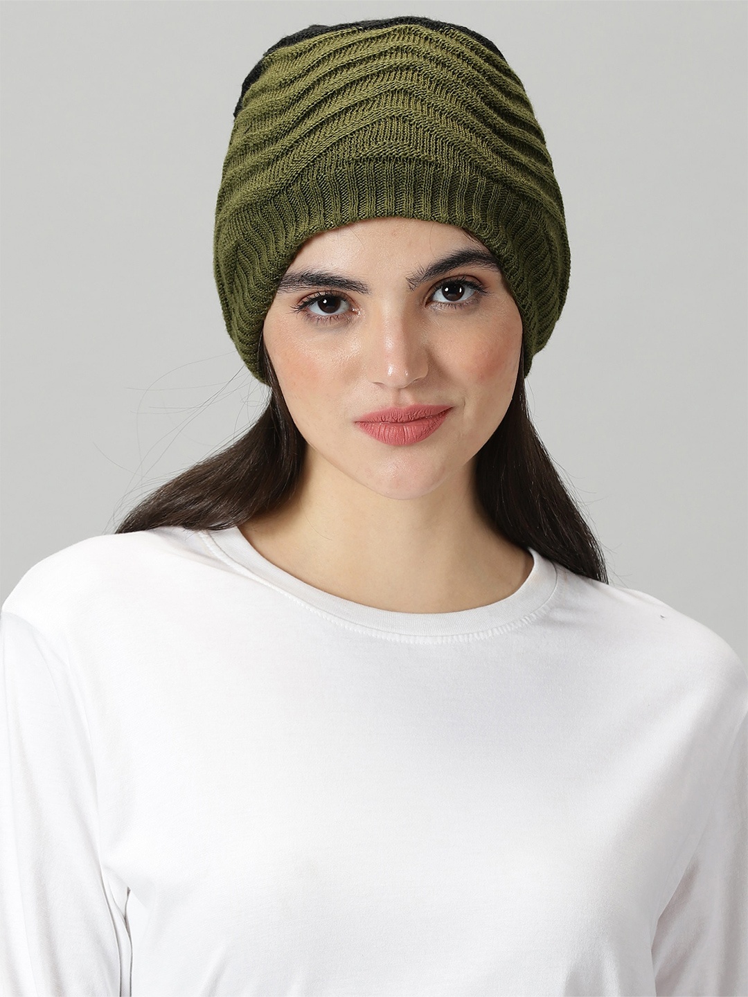 

Rodzen Self Design Woollen Beanie Caps, Olive