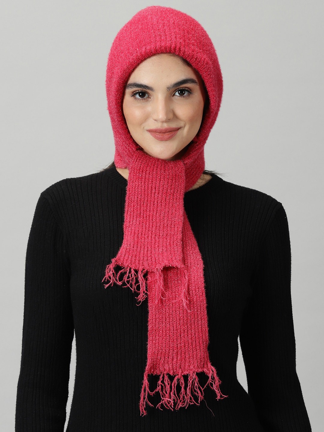 

Rodzen Self Design Woollen Beanie Caps, Pink