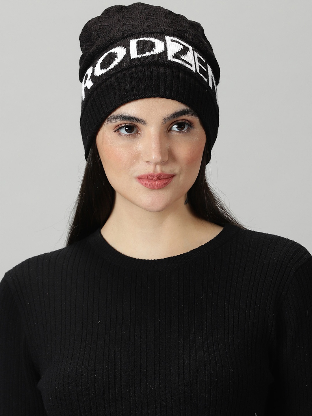 

Rodzen Self Design Woollen Beanie Caps, Black
