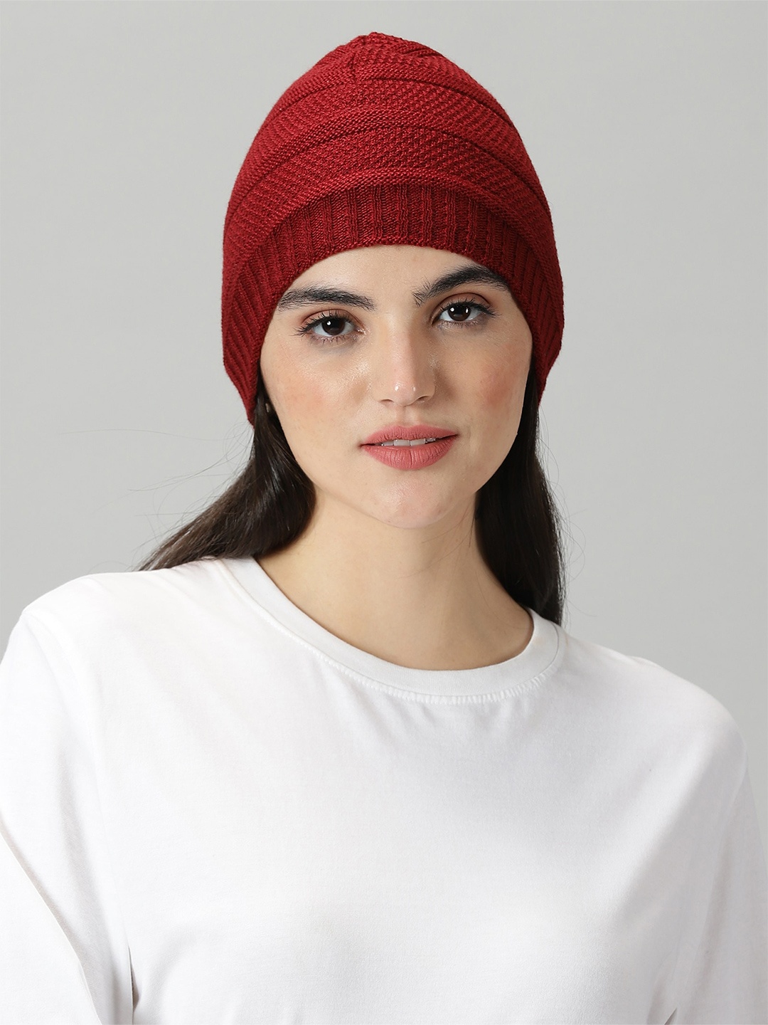 

Rodzen Self Design Woollen Beanie Caps, Maroon