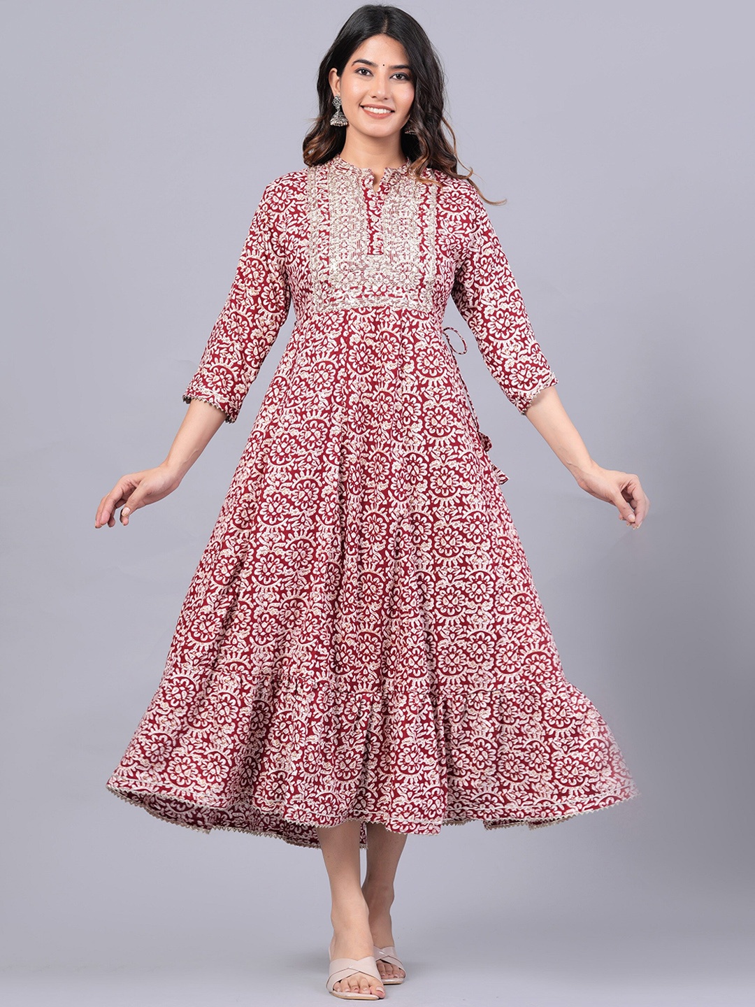 

KALINI Ethnic Motifs Printed Band Collar Sequinned Anarkali Kurta, Pink