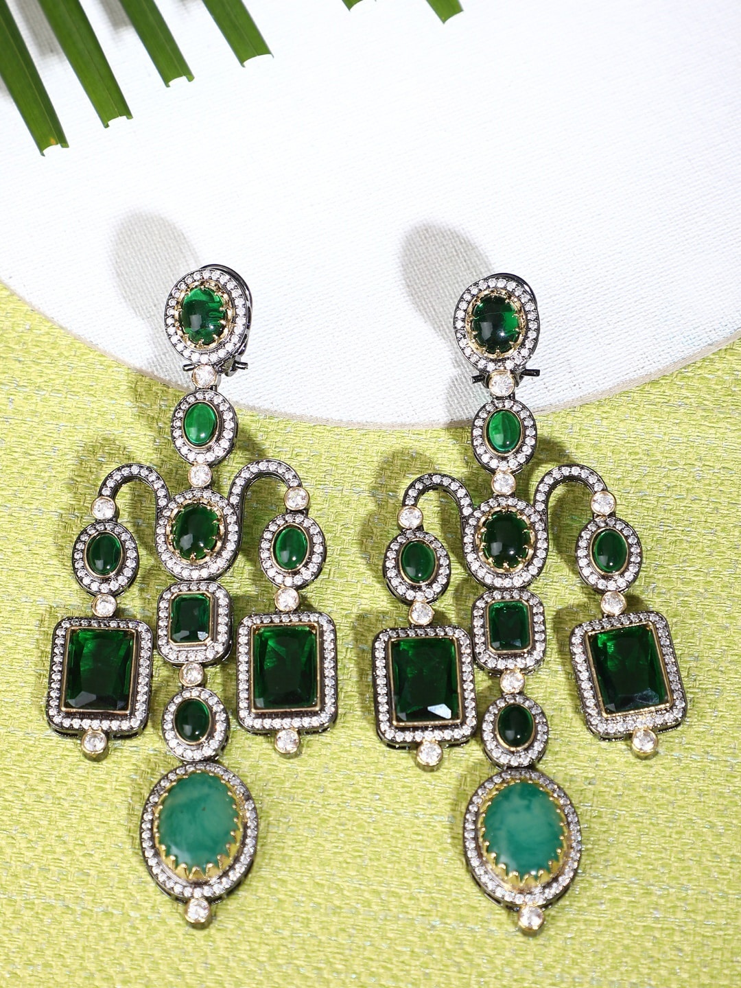 

AURAA TRENDS Rhodium Plated Contemporary American Diamond Zircon Drop Earrings, Green