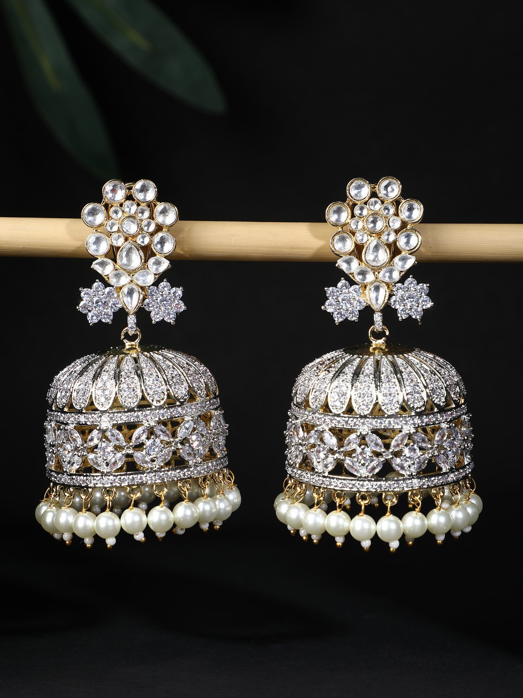 

AURAA TRENDS Rhodium-Plated Zircon Studded Contemporary Jhumkas, White