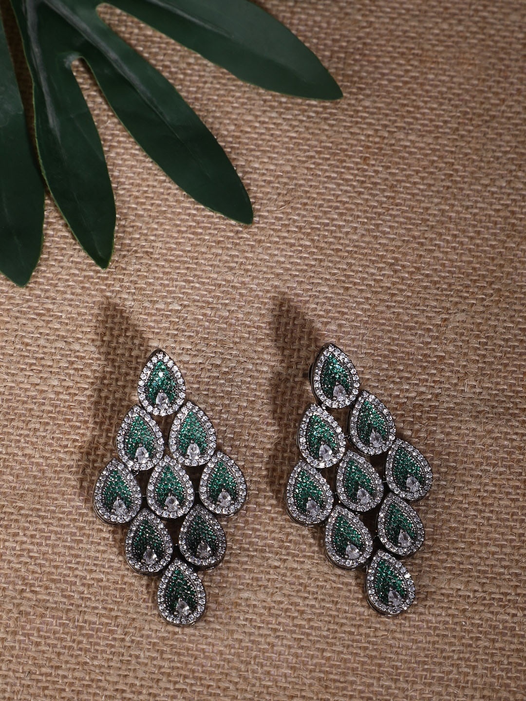

AURAA TRENDS Rhodium-Plated Zircon Studded Contemporary Drop Earrings, Green