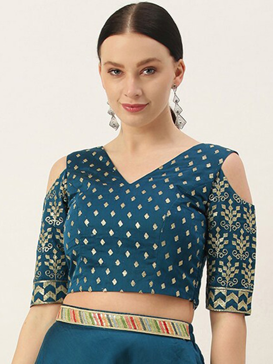 

Ethnovog Embroidered V-Neck Silk Saree Blouse, Blue