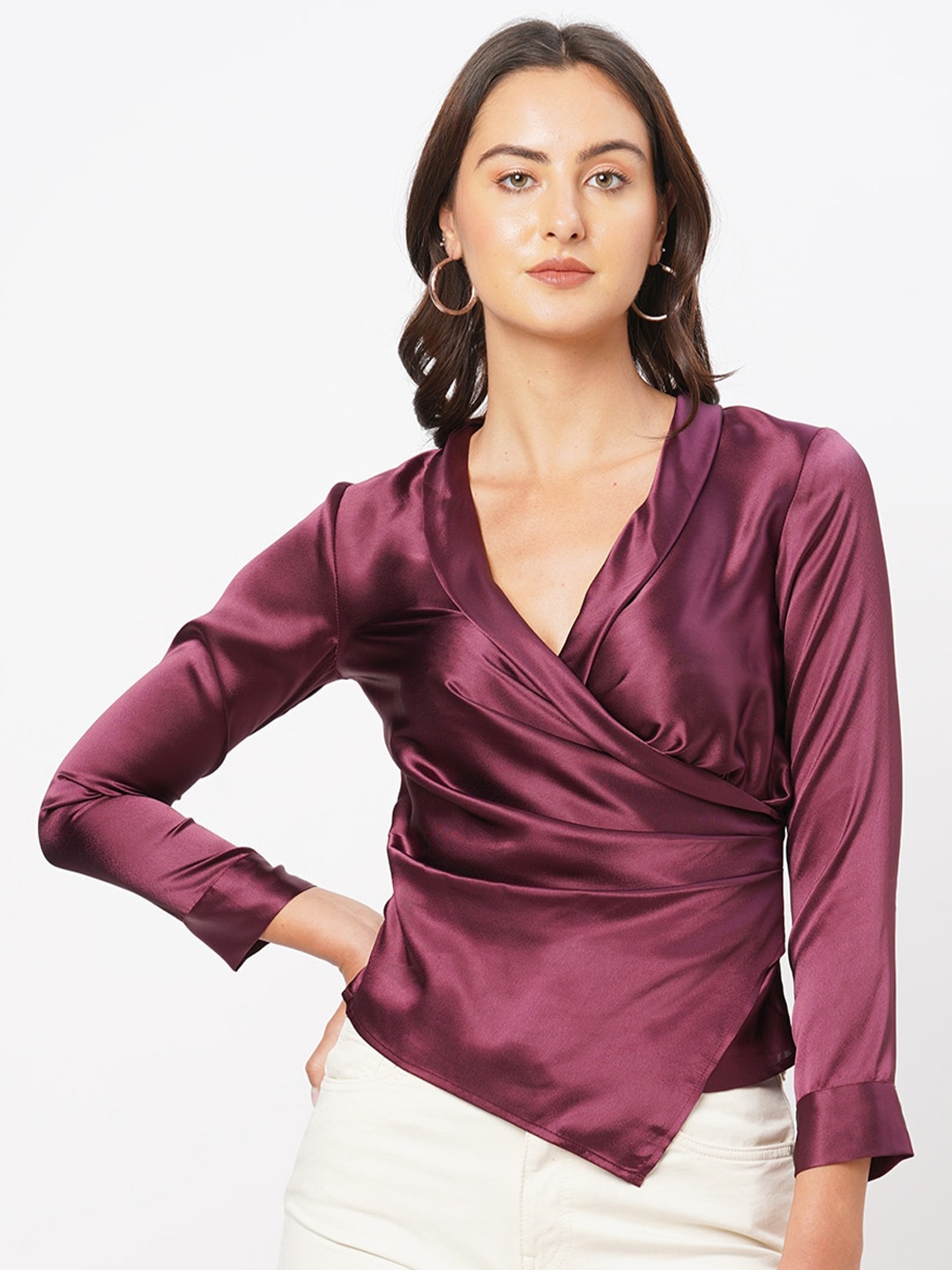 

Curves by MISH Satin V-Neck Wrap Top, Maroon