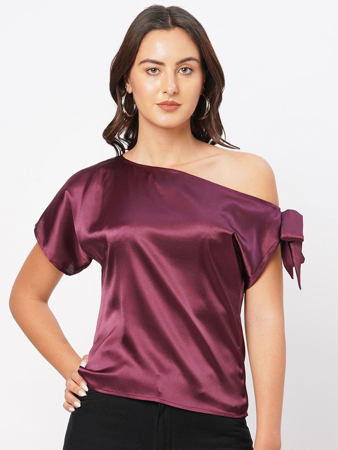 

Curves by MISH One Shoulder Satin Top, Maroon
