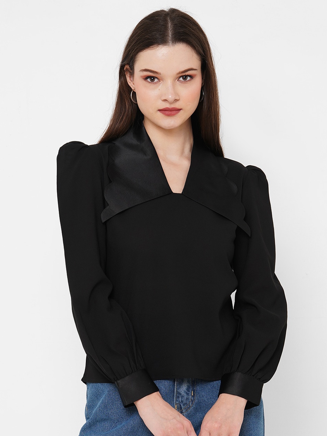 

Curves by MISH Above the Keyboard Collar Sheen Top, Black