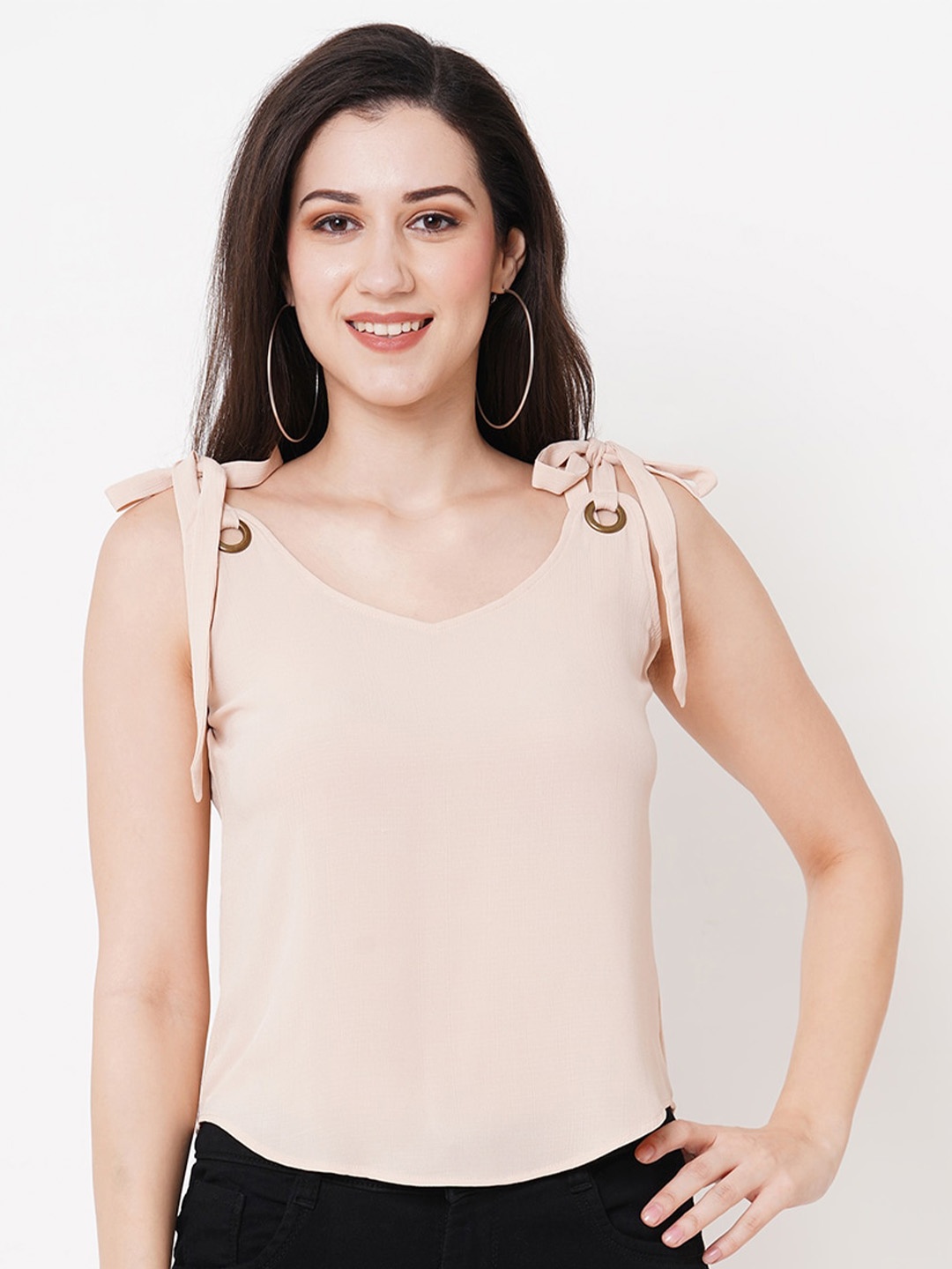 

Curves by MISH Tie-Up Sleeves Georgette High-Low Top, Peach