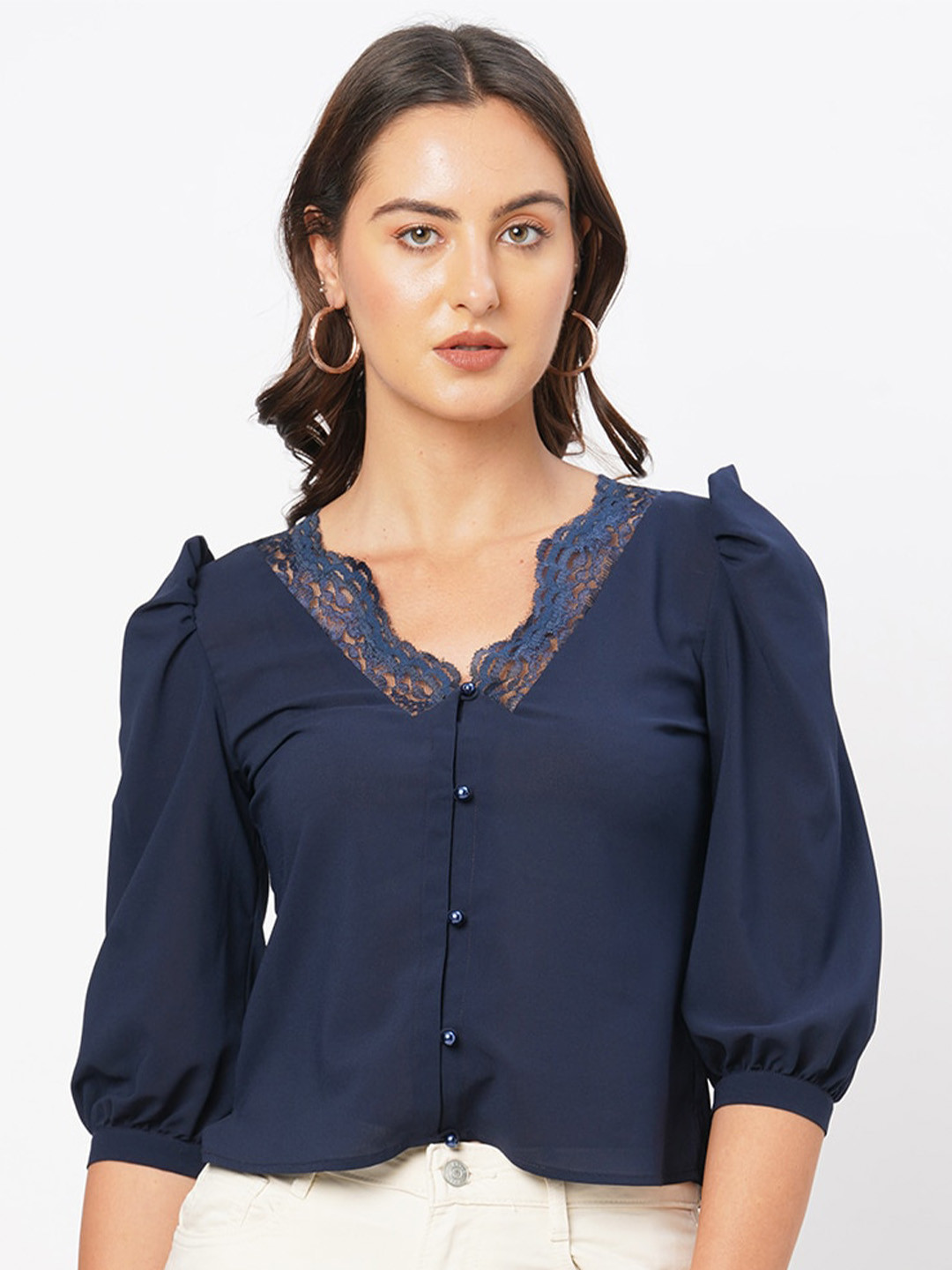 

Curves by MISH V-Neck Shirt Style Puff Sleeves Top, Navy blue