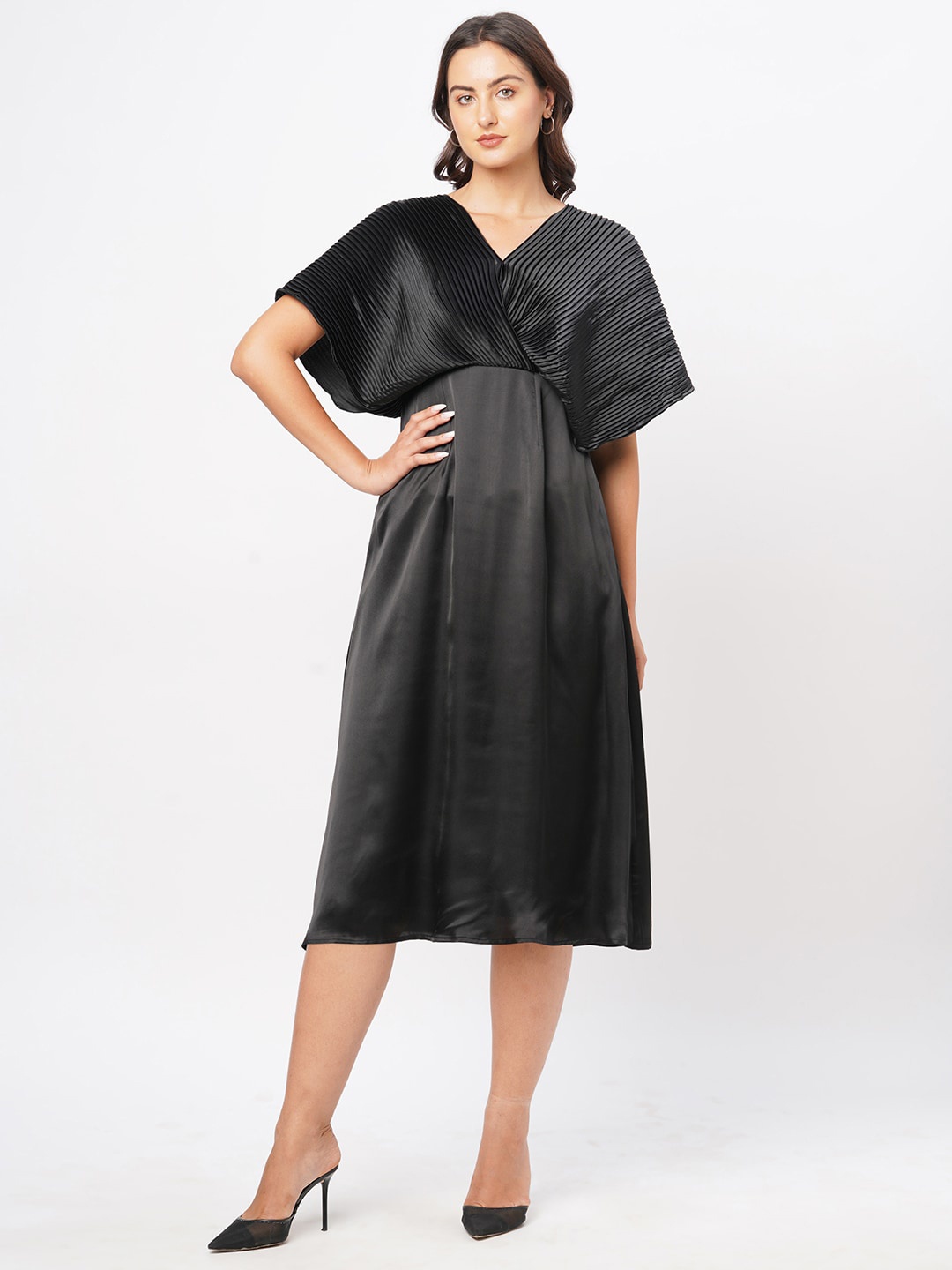 

Curves by MISH Extended Sleeve Gathered or Pleated A-Line Midi Dress, Black