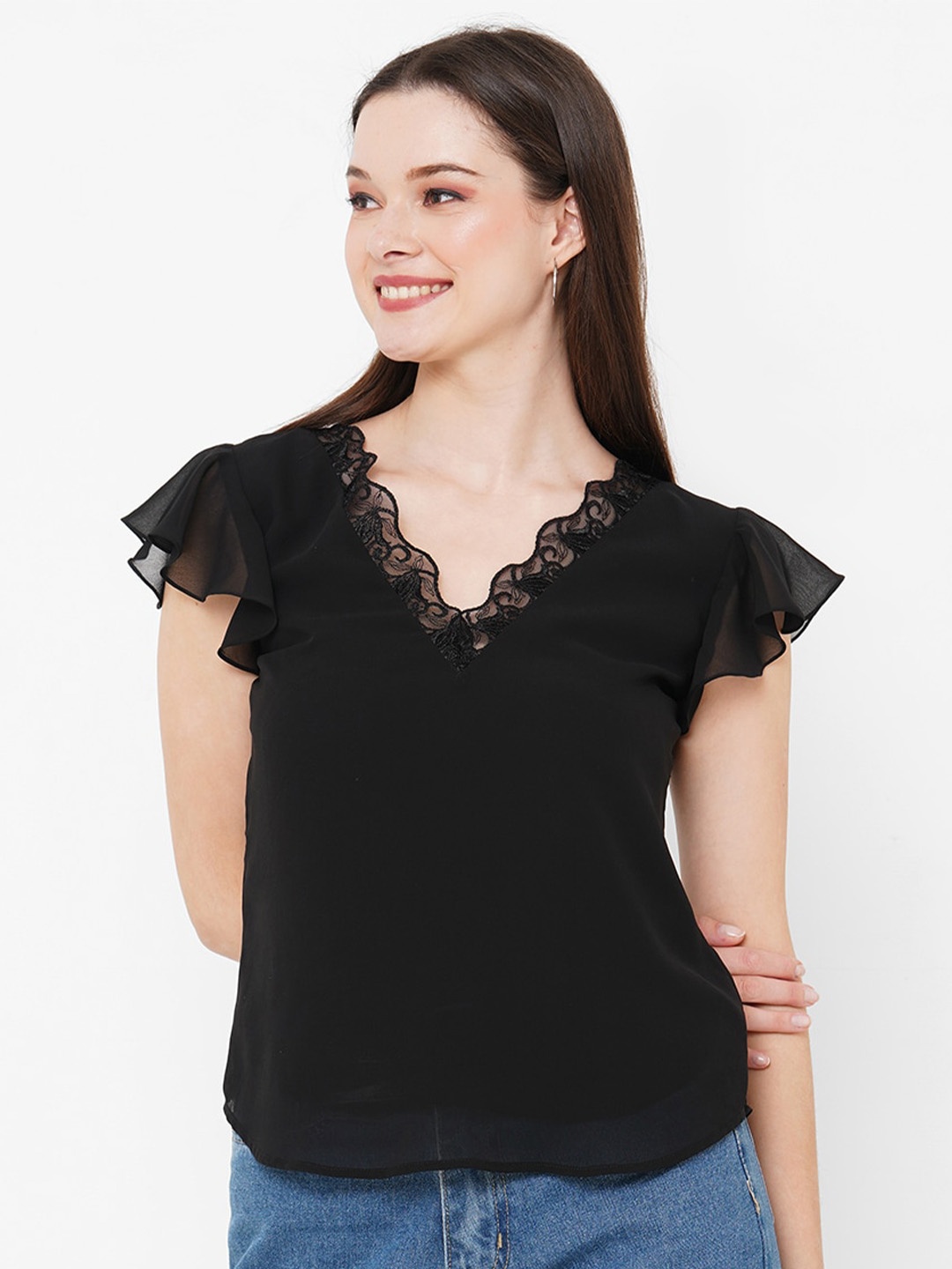 

Curves by MISH Flutter Sleeve Georgette Top, Black