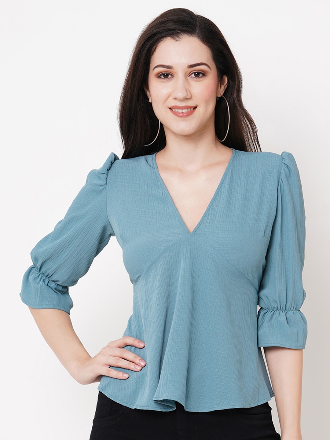 

Curves by MISH Self Design Puff Sleeves Top, Blue