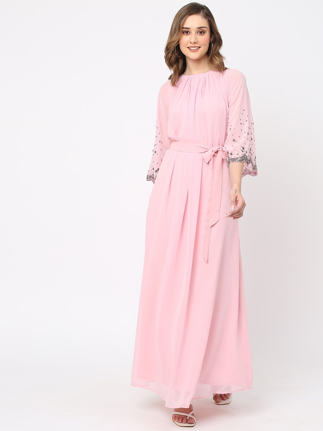 

Curves by MISH Round Neck Gathered or Pleated Flared Sleeve Maxi Dress Comes with a belt, Pink