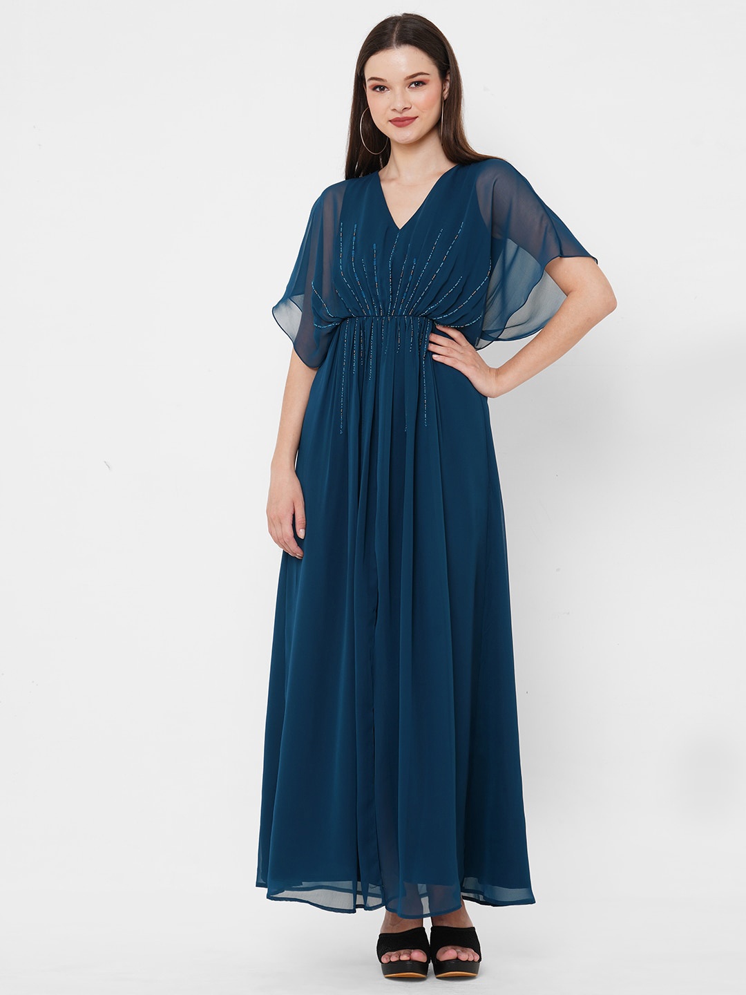 

Curves by MISH Extended Sleeve Gathered or Pleated Maxi Dress, Teal