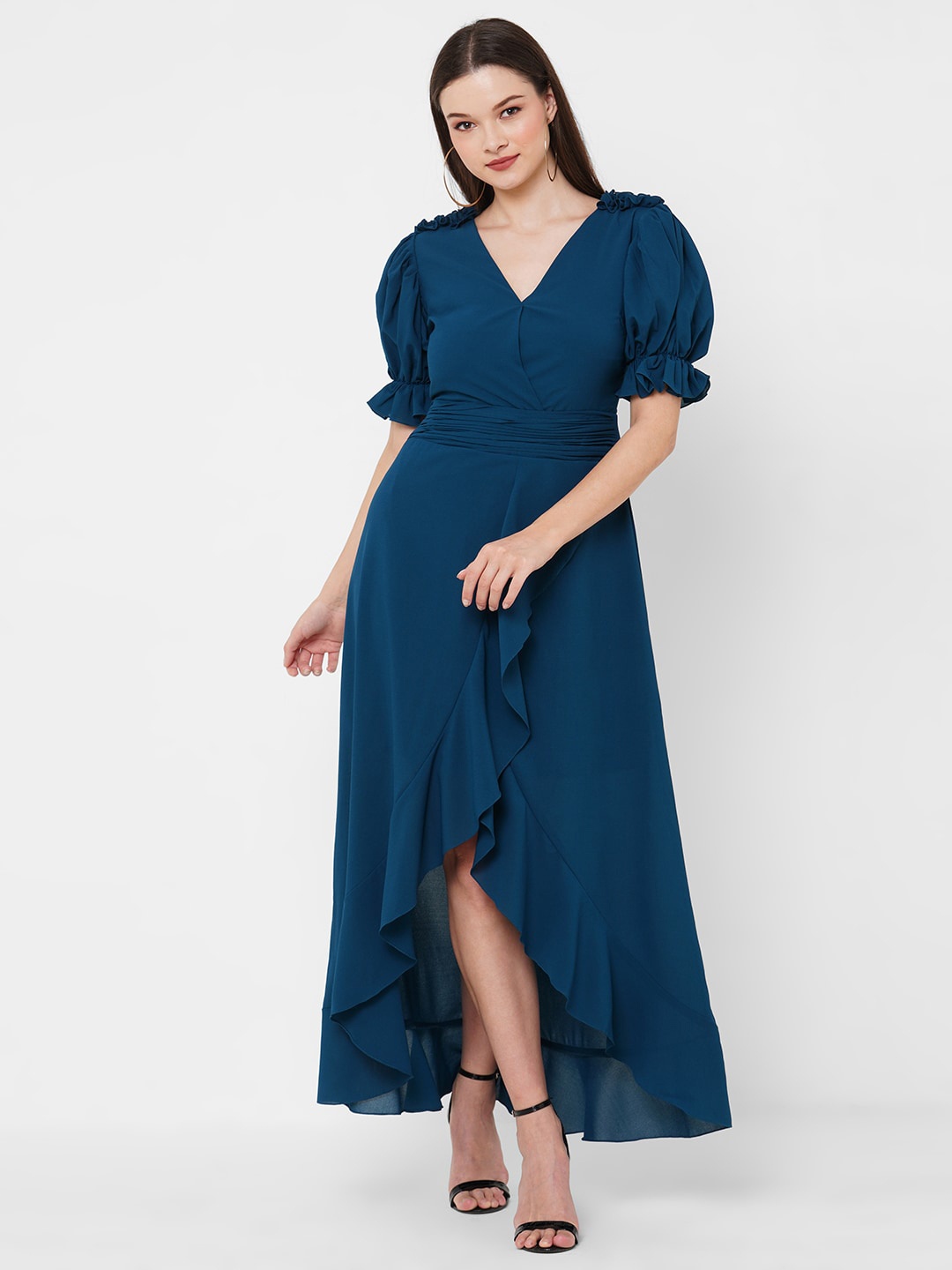 

Curves by MISH Puff Sleeve Ruffled Tulip Hem Maxi Dress, Teal