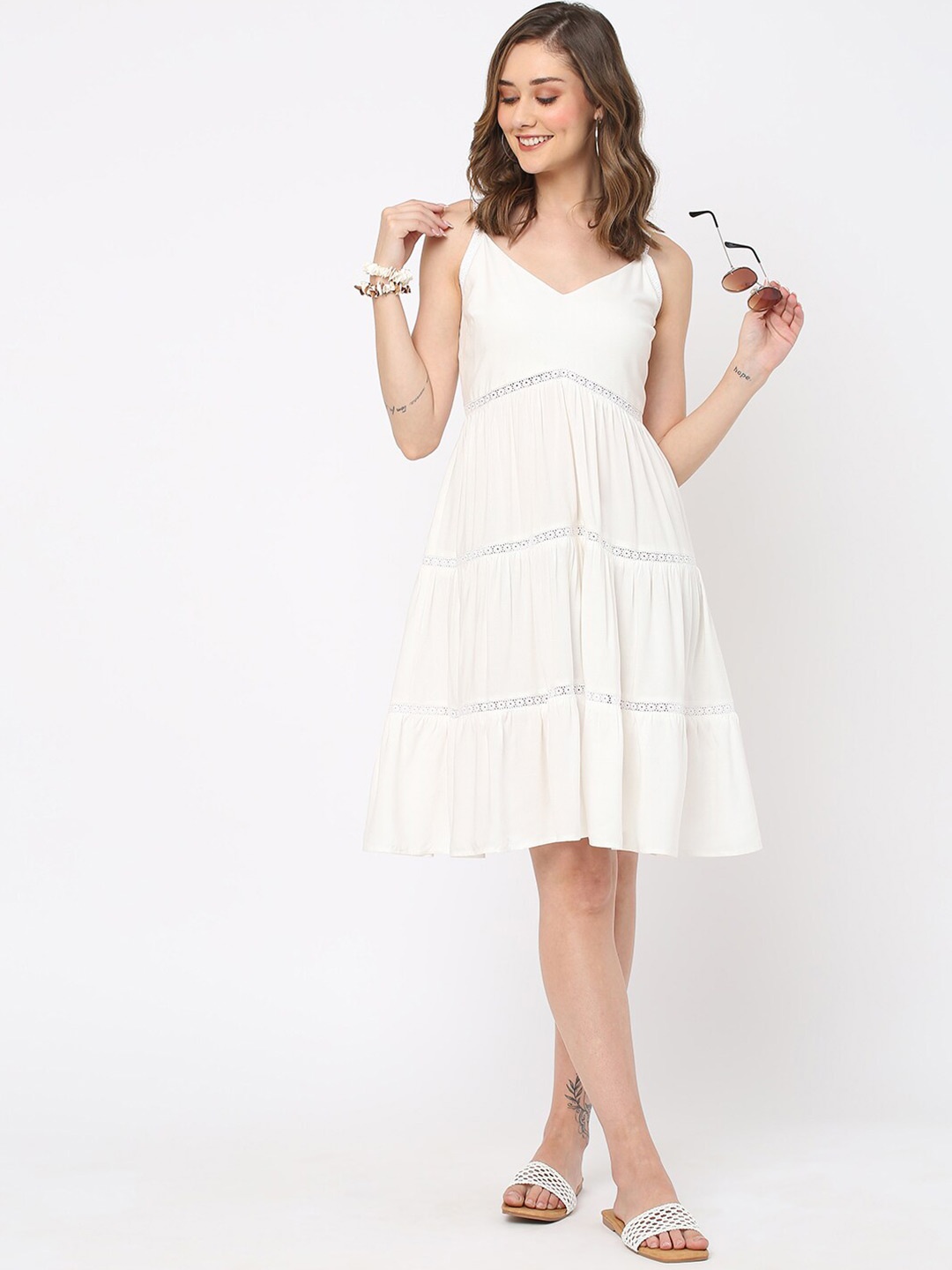 

Curves by MISH Shoulder Strap Neck Tiered Lace Inserts Detail Empire Dress, White