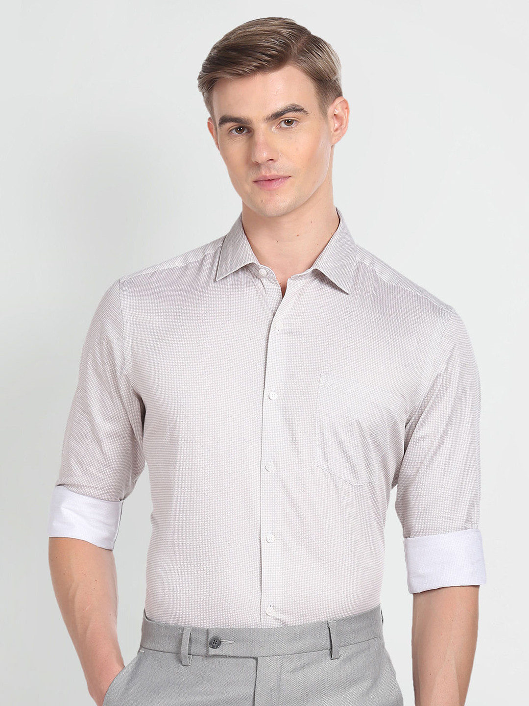 

Arrow Slim Fit Micro Ditsy Printed Twill Weave Pure Cotton Formal Shirt, Beige