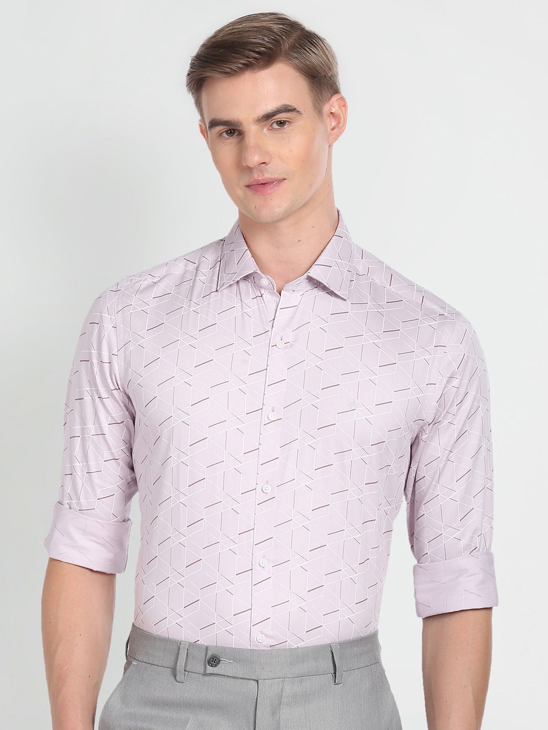 

Arrow Slim Fit Geometric Printed Twill Weave Pure Cotton Formal Shirt, Purple