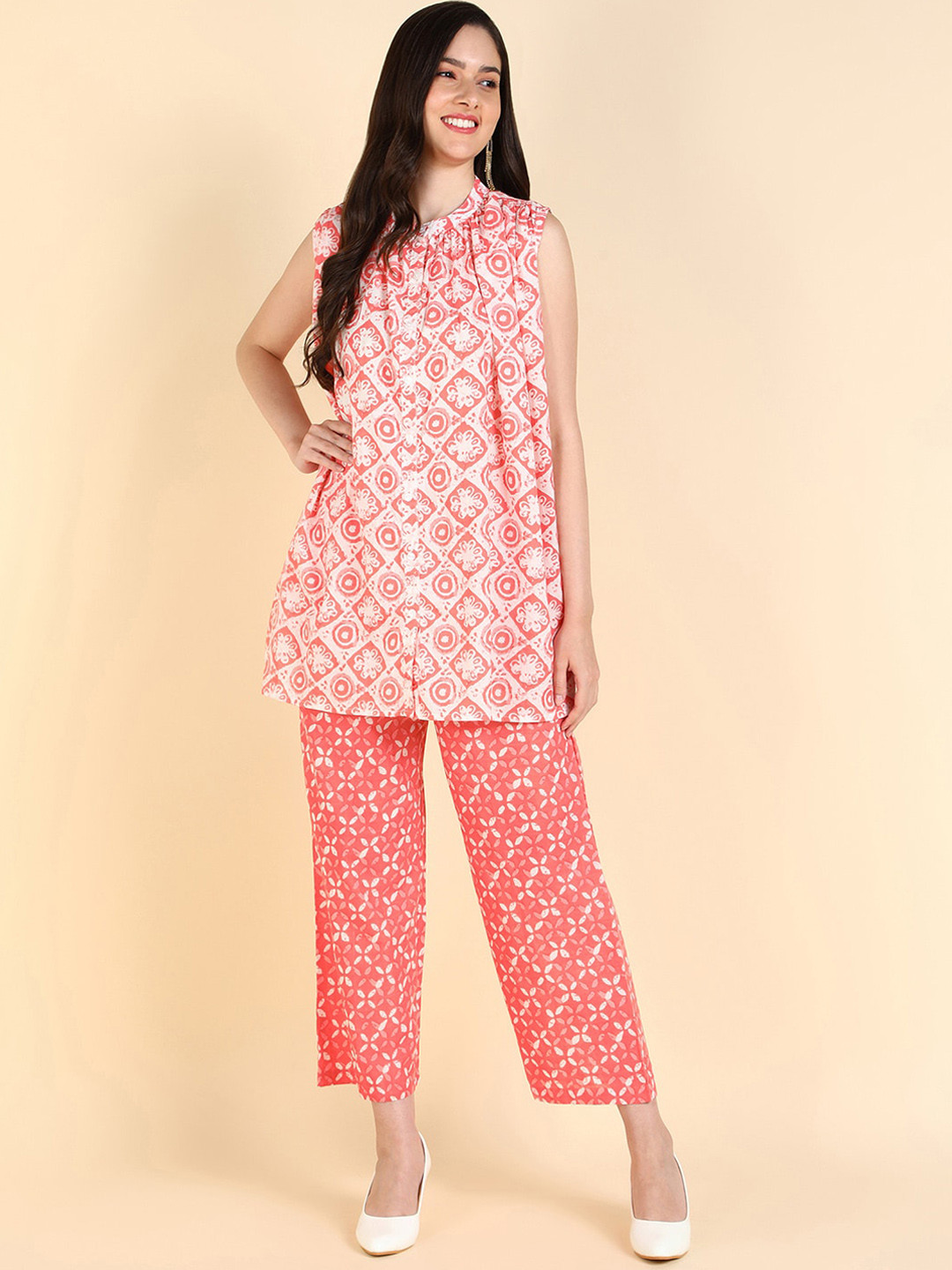 

HERE&NOW Ethnic Motif Printed Band Collar Regular Pure Cotton Kurti with Palazzos, Peach