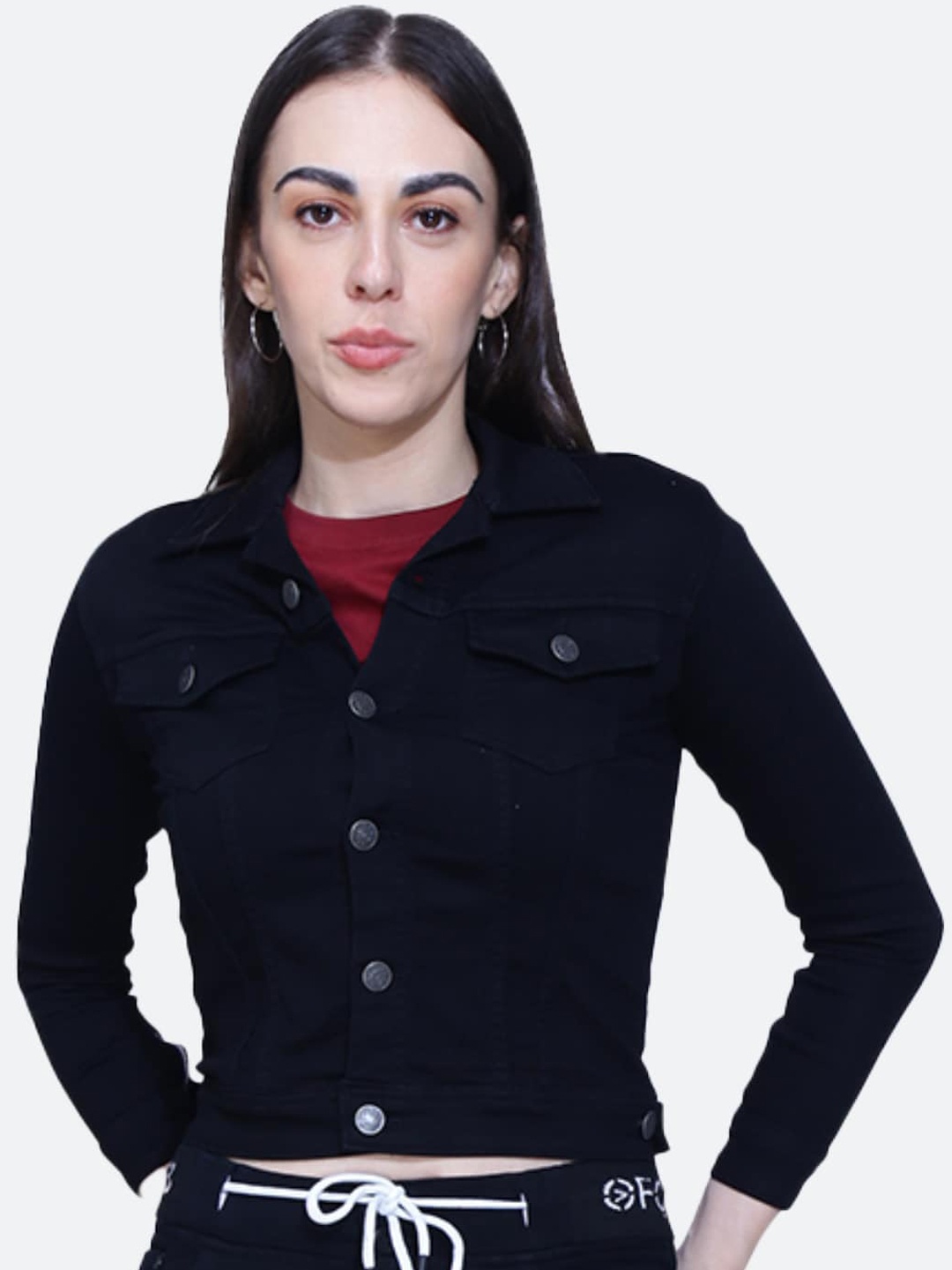 

FCK-3 Spread Collar Lightweight Crop Denim Jacket, Black