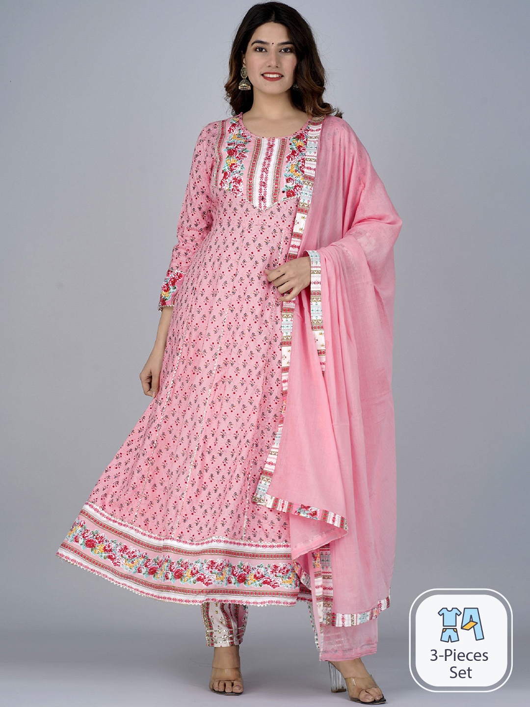 

KALINI Floral Printed Regular Gotta Patti Kurta with Trousers & With Dupatta, Pink