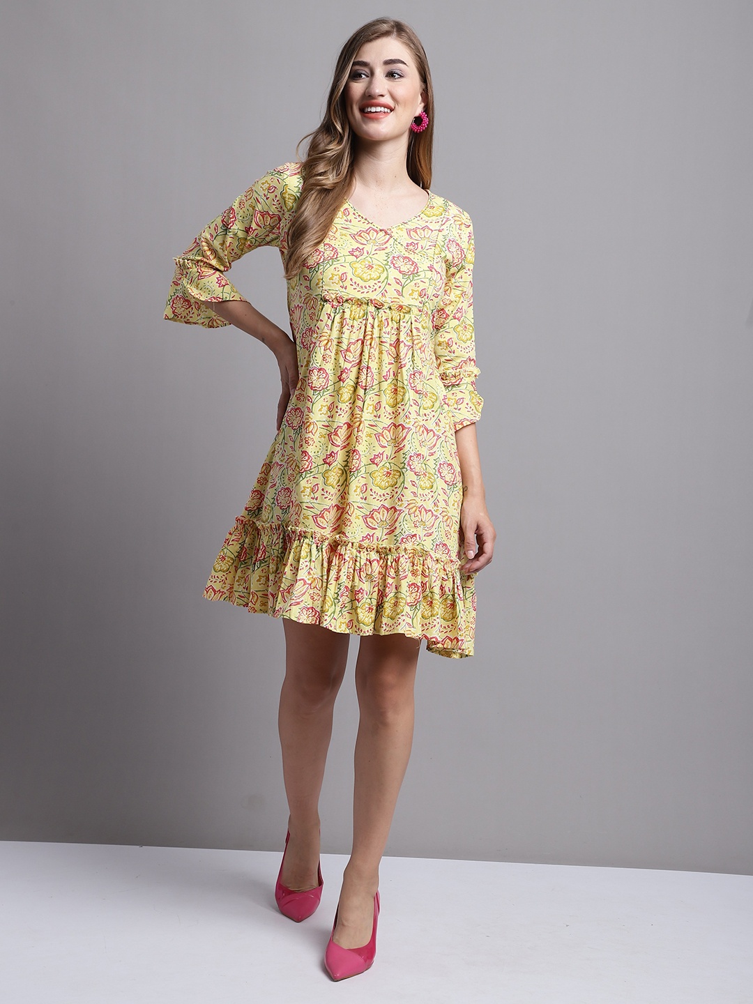 

Rajnandini Floral Printed Bell Sleeve Cotton A-Line Dress, Yellow