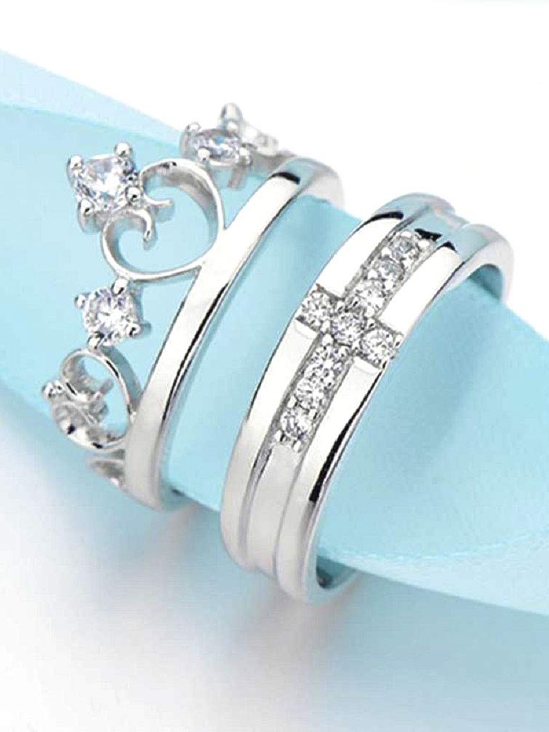 

VIEN Set Of 2 Silver-plated Cubic Zirconia Studded Stainless Steel Adjustable Couple Rings