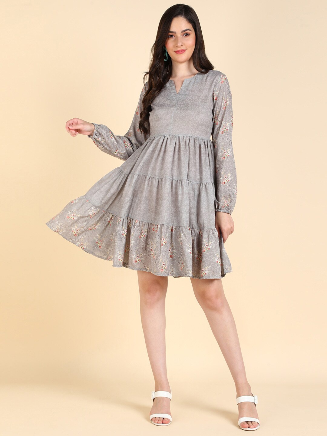 

HERE&NOW Floral Printed Puff Sleeves Tiered Fit & Flare Dress, Grey