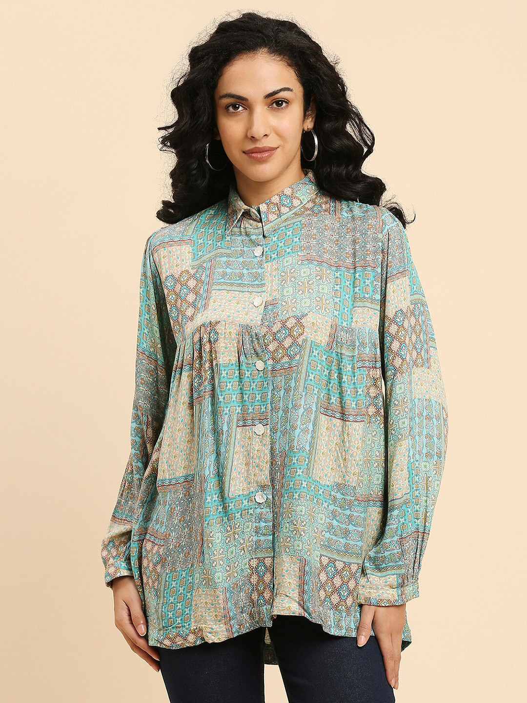 

GUFRINA Ethnic Motif Printed Shirt Collar Gathered & Pleated Shirt Style Top, Blue