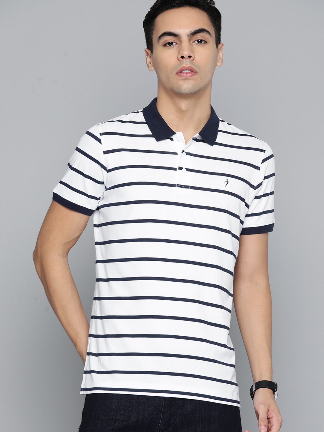

Indian Terrain Striped Polo Collar Pure Cotton T-shirt, Navy blue