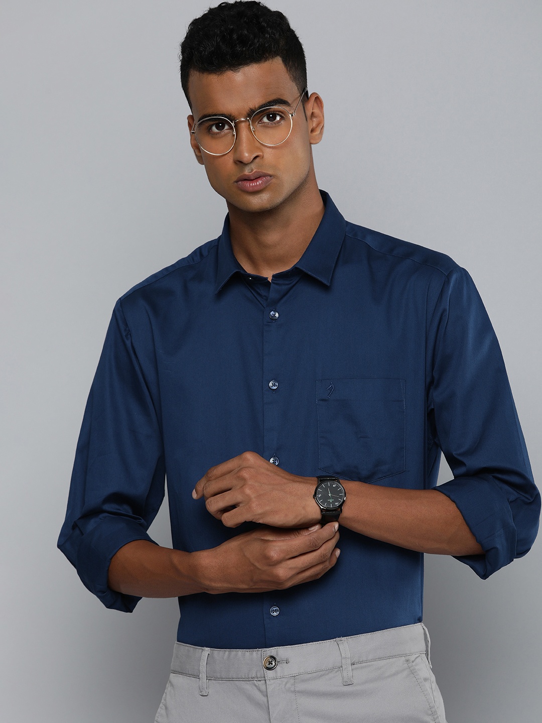 

Indian Terrain Pure Cotton Classic Slim Fit Opaque Smart Casual Shirt, Navy blue