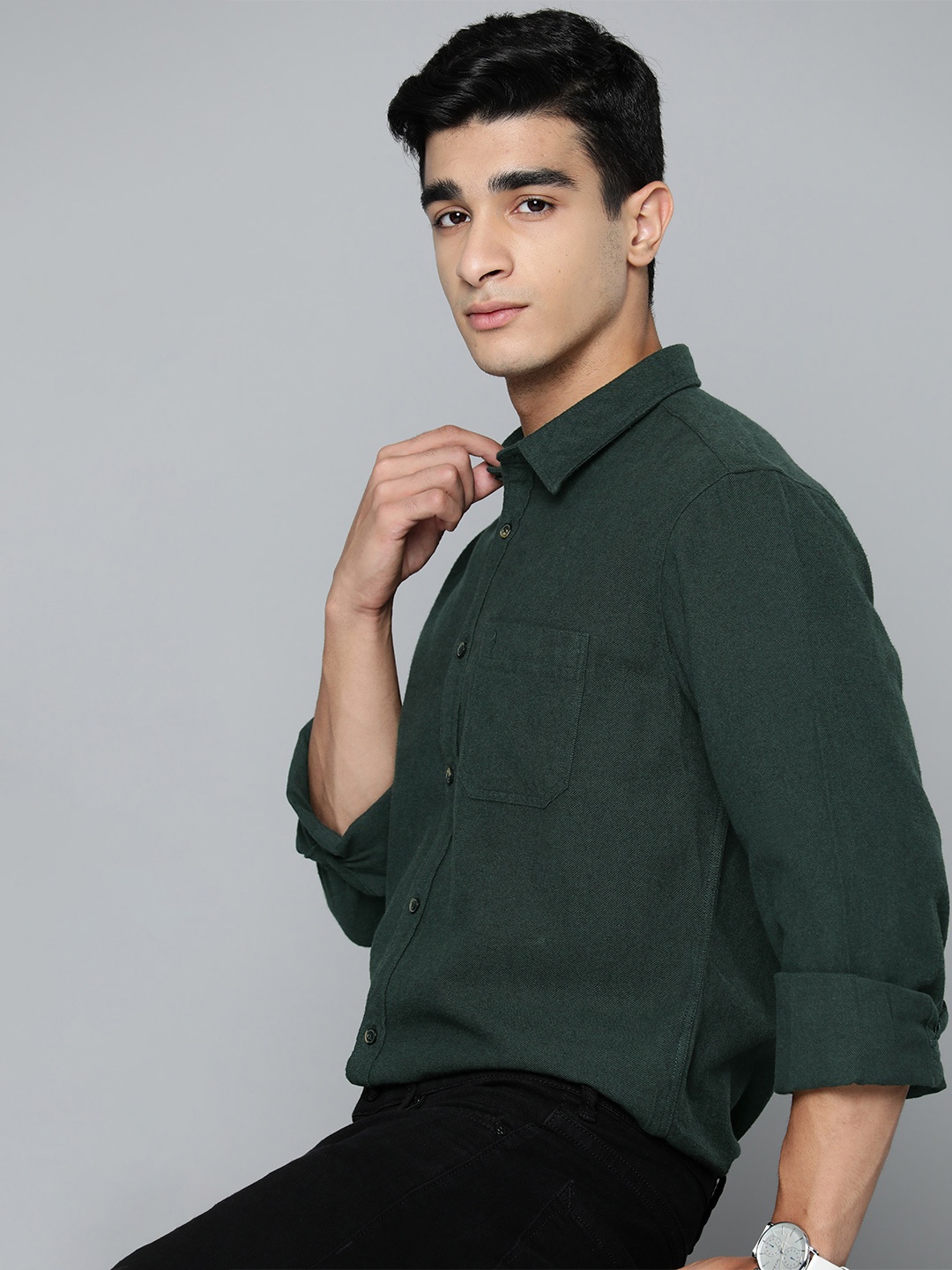 

Indian Terrain Pure Cotton Classic Slim Fit Casual Shirt, Green