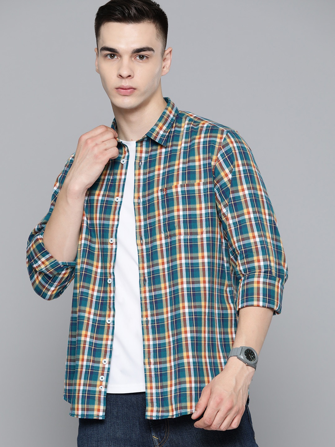 

Indian Terrain Tartan Checks Pure Cotton Slim Fit Shirt, Teal
