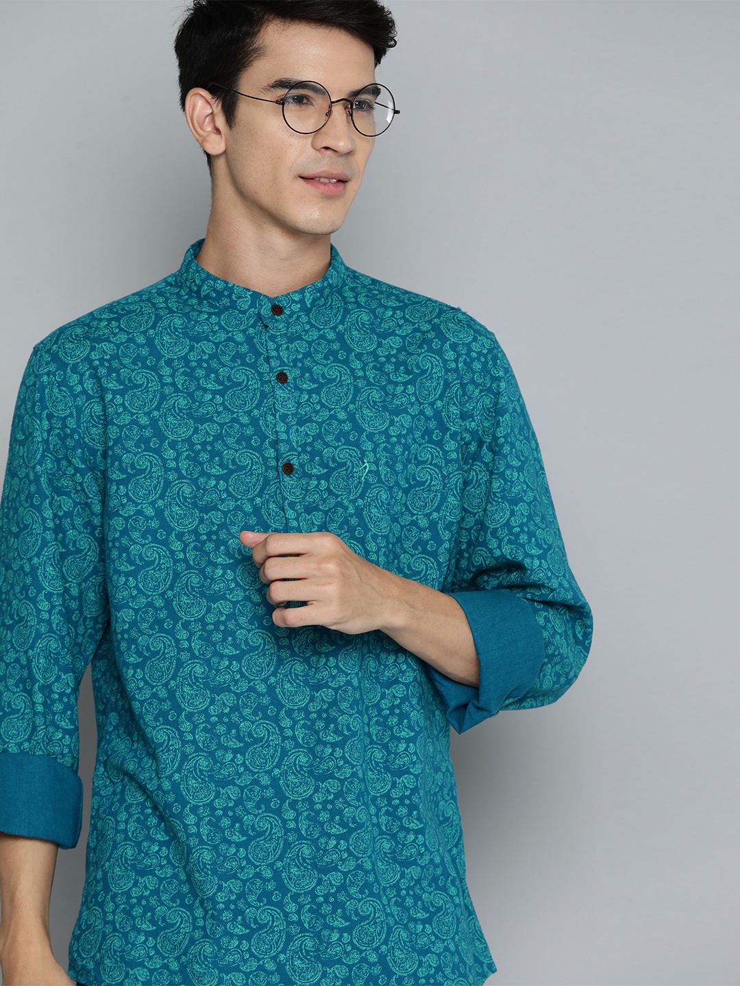 

Indian Terrain Mandarin Collar Slim Fit Printed Casual Shirt, Teal