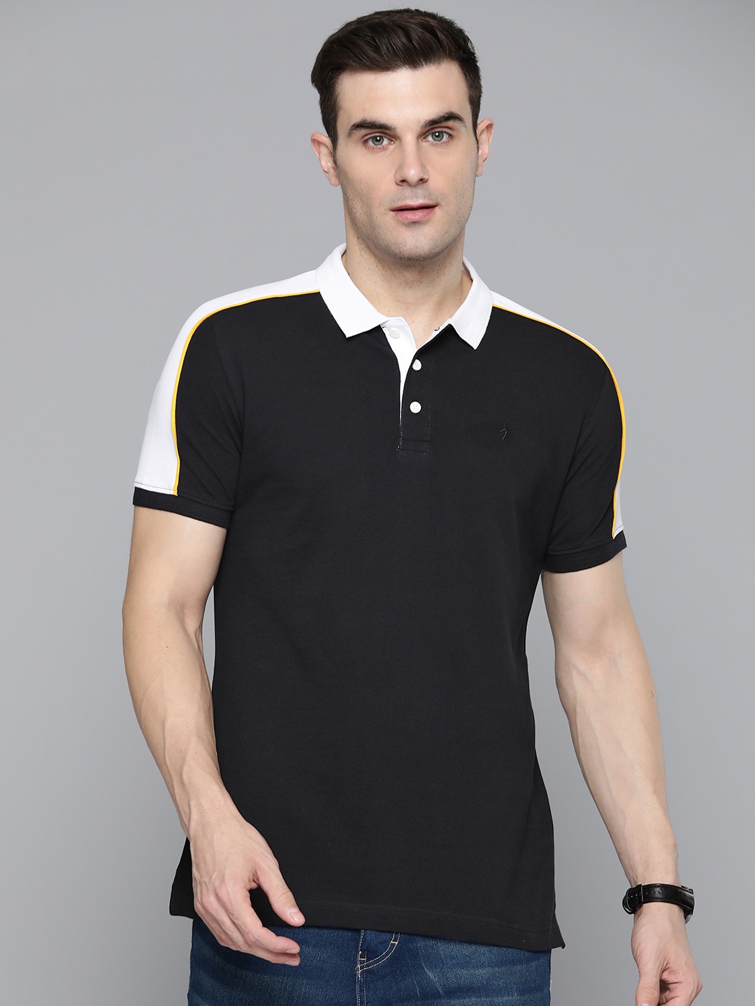 

Indian Terrain Contrast Polo Collar Pure Cotton T-shirt, Black