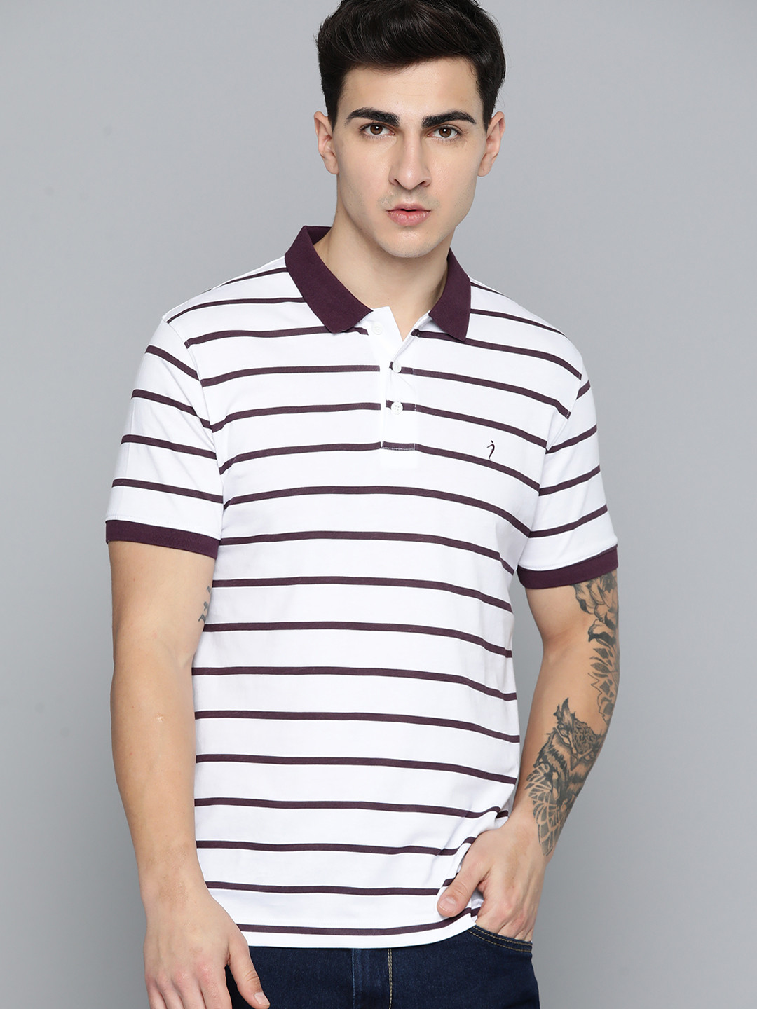 

Indian Terrain Striped Polo Collar Pure Cotton T-shirt, Burgundy