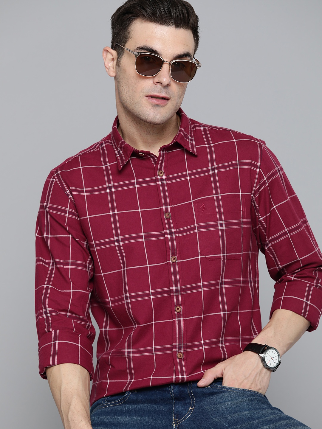 

Indian Terrain Slim Fit Checked Pure Cotton Shirt, Maroon