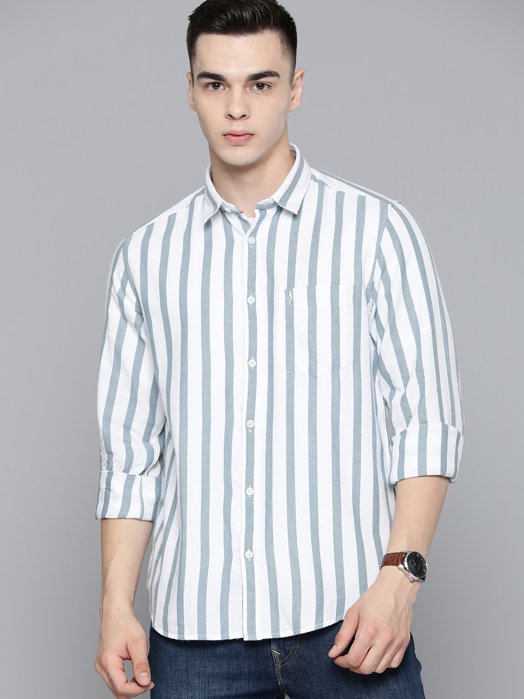 

Indian Terrain Men Slim Fit Pure Cotton Striped Casual Shirt, White