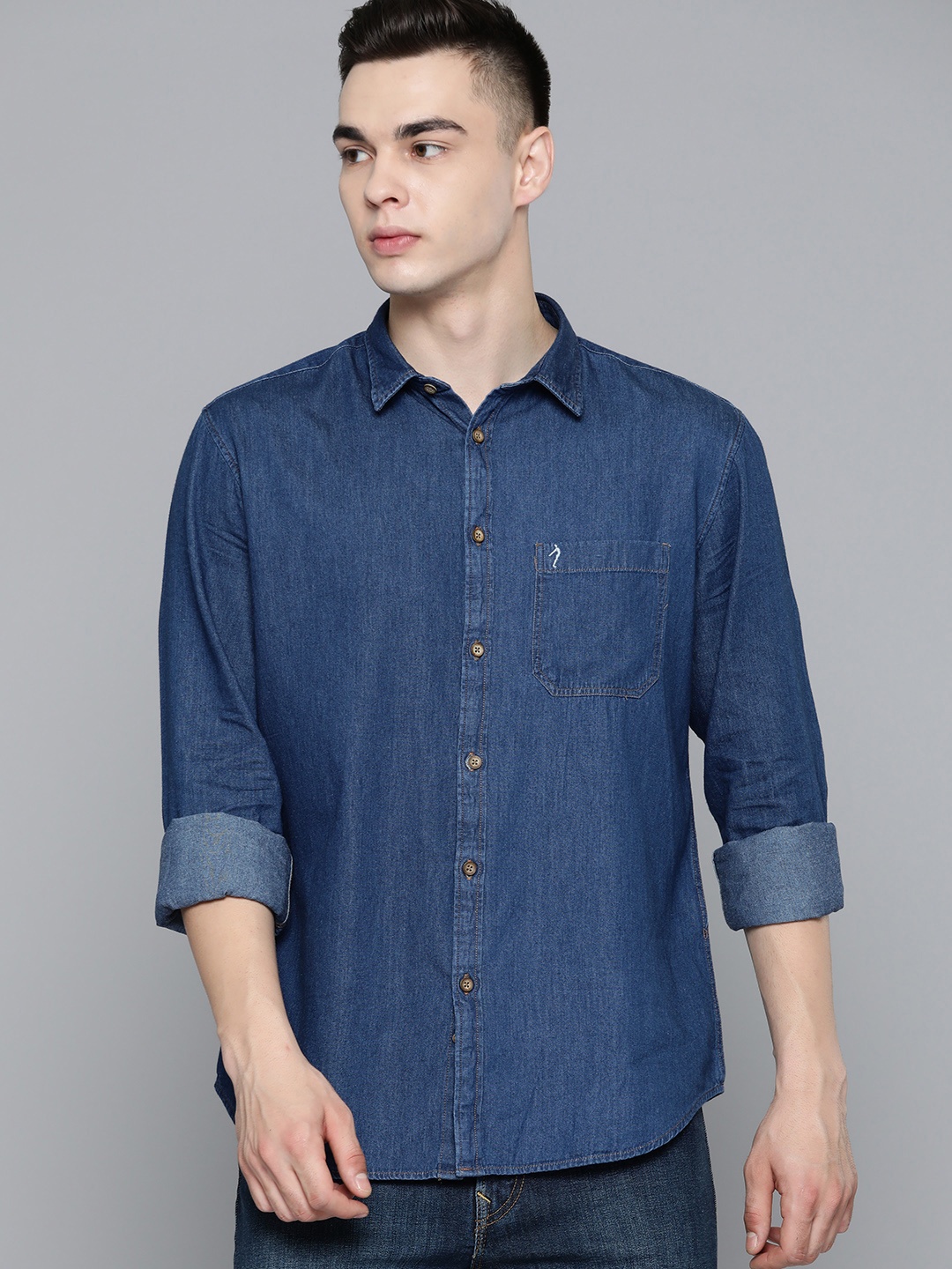 

Indian Terrain Slim Fit Pure Cotton Chambray Shirt, Blue