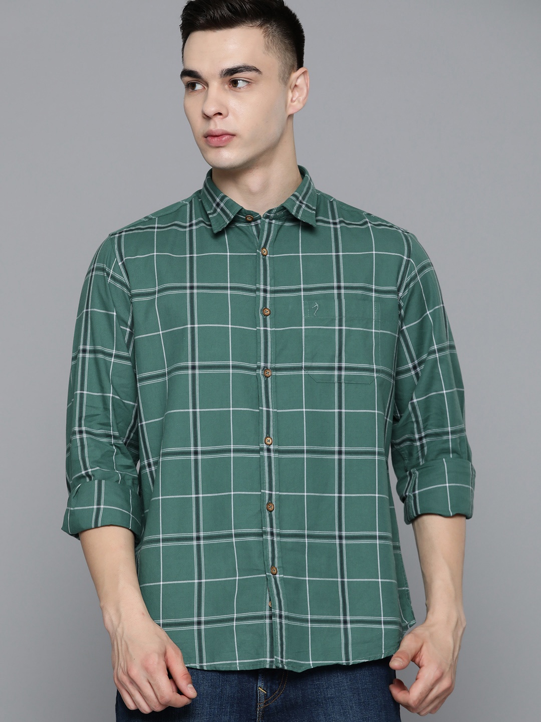 

Indian Terrain Tartan Checks Pure Cotton Slim Fit Shirt, Green