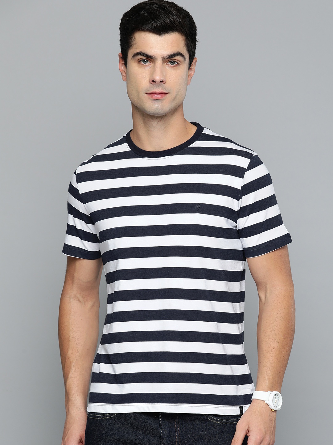 

Indian Terrain Striped Pure Cotton T-shirt, Navy blue