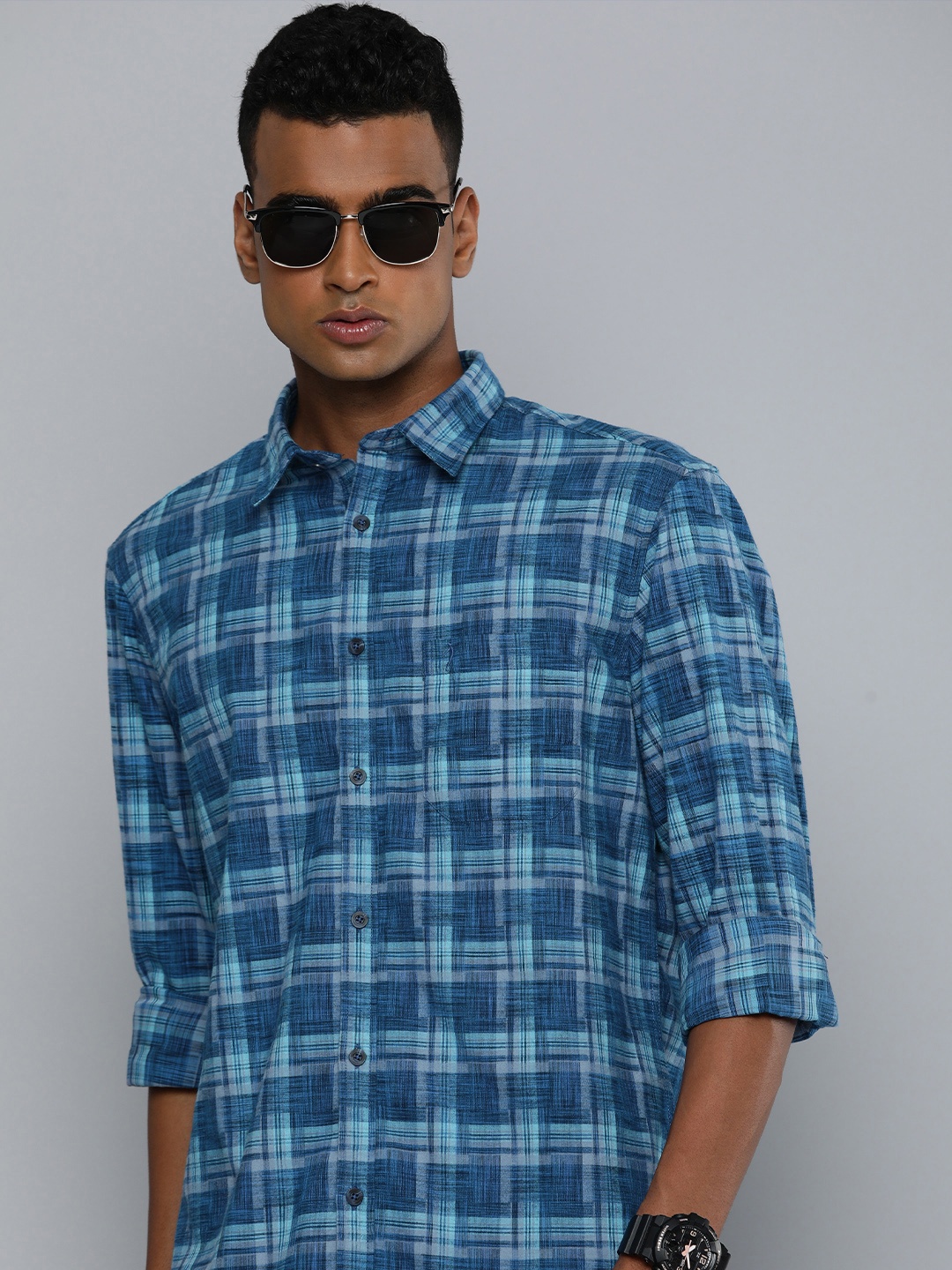 

Indian Terrain Pure Cotton Classic Slim Fit Checked Casual Shirt, Blue