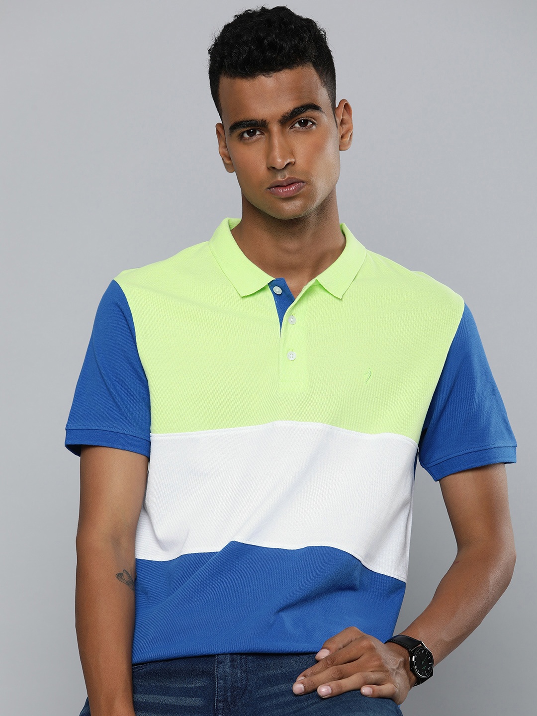

Indian Terrain Colourblocked Polo Collar Pure Cotton T-shirt, Blue